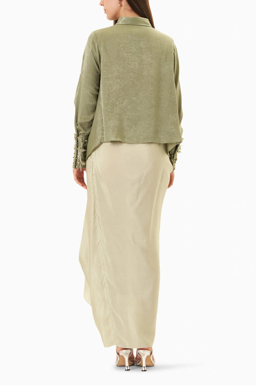 Green Tie-Up Shirt With Drape Skirt