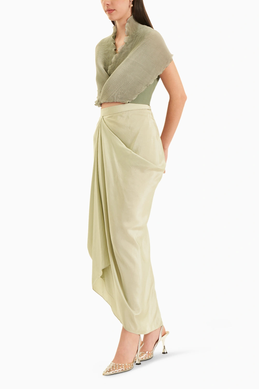 Green Wrinkle Blouse With Draped Skirt