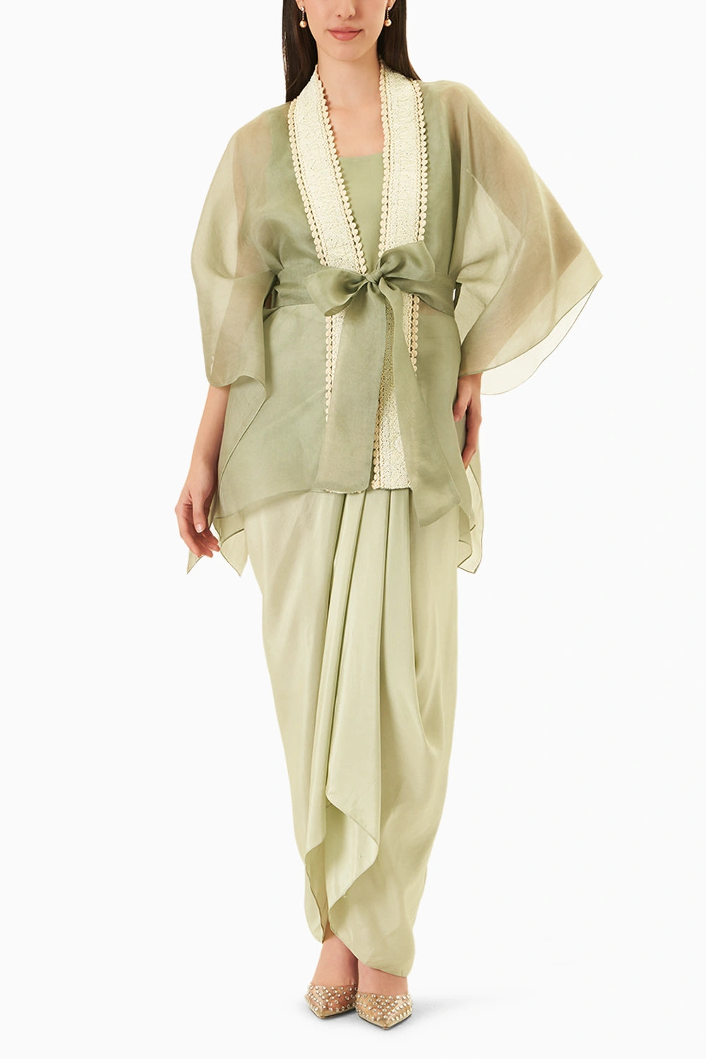 Green Organza Moti Border Cape With Draped Skirt