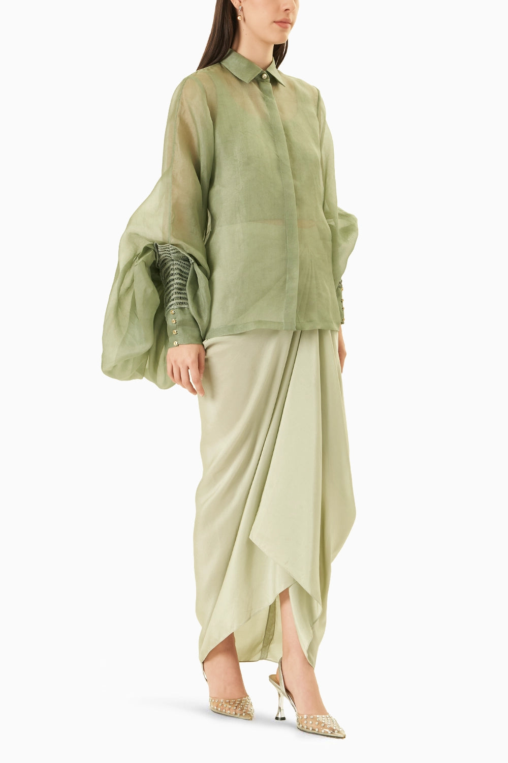 Green Bag Sleeve Shirt With Draped Skirt