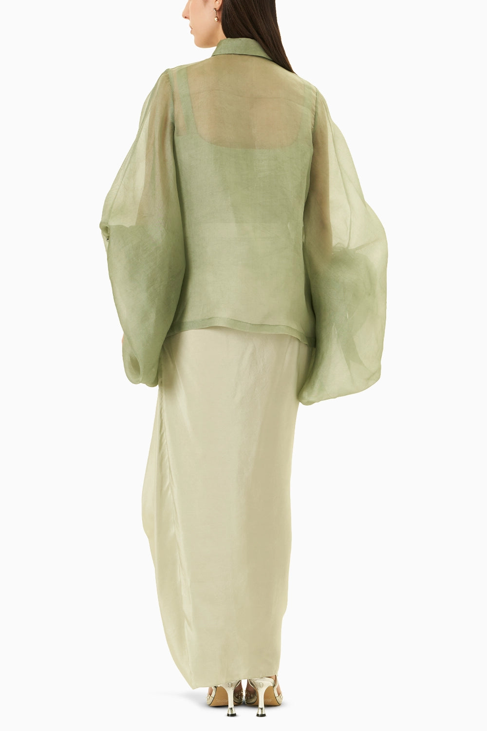 Green Bag Sleeve Shirt With Draped Skirt