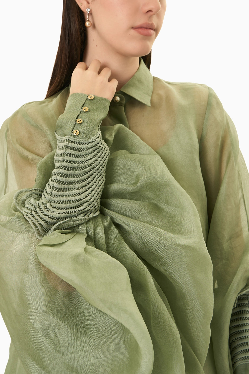 Green Bag Sleeve Shirt With Draped Skirt