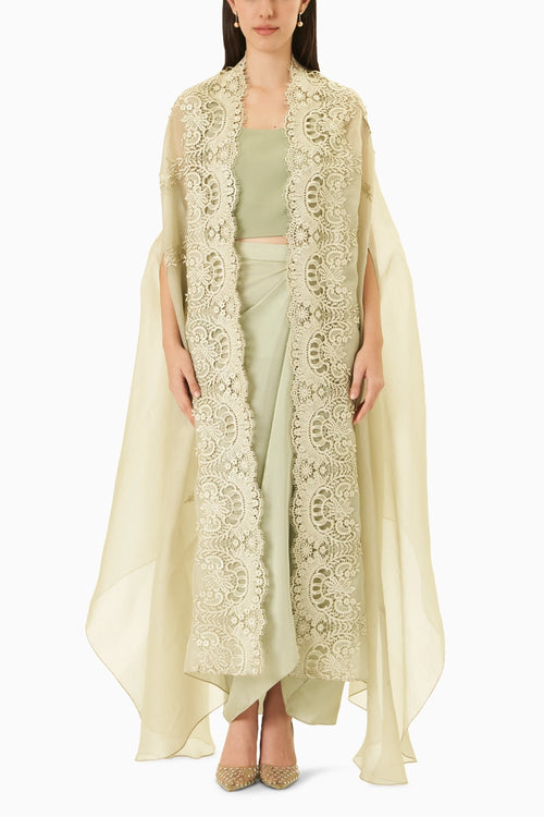 Green Signature Cape With Cami Blouse & Draped Skirt