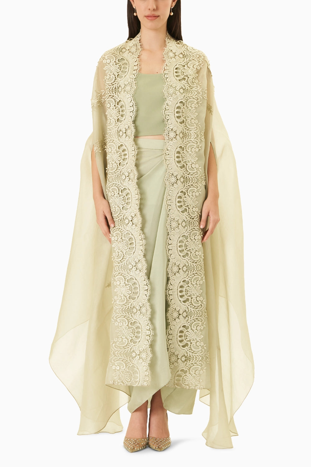 Green Signature Cape With Cami Blouse & Draped Skirt