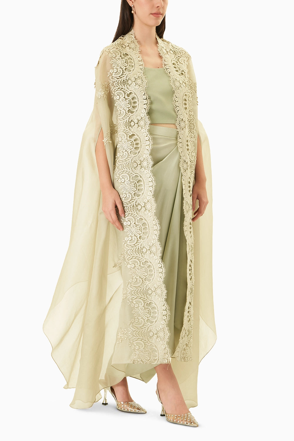 Green Signature Cape With Cami Blouse & Draped Skirt