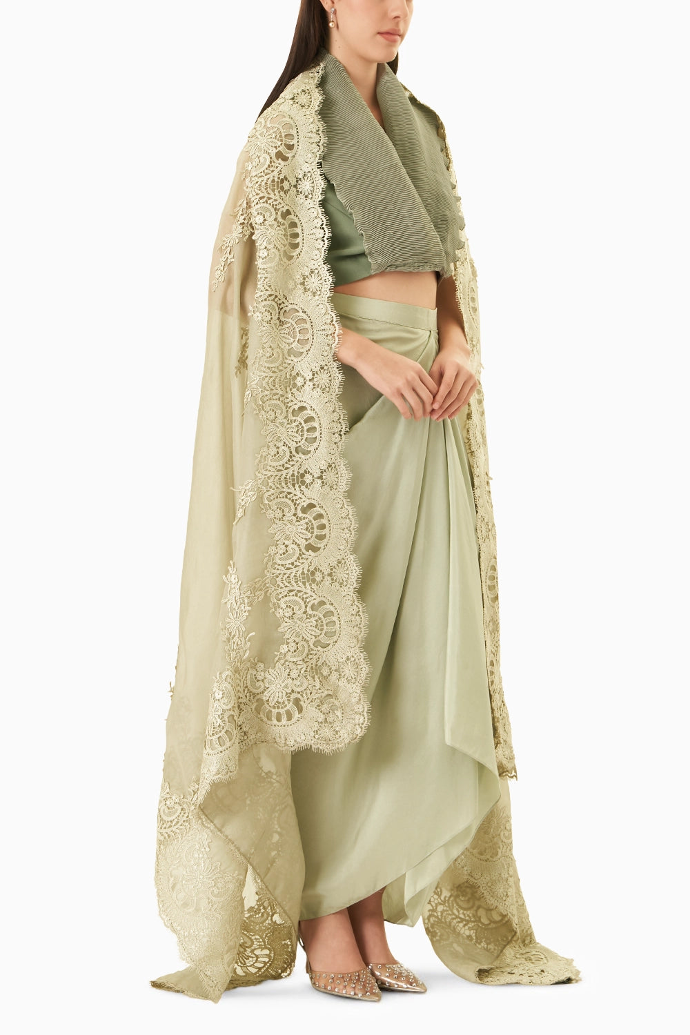 Green Signature Cape With Wrinkle Blouse & Draped Skirt