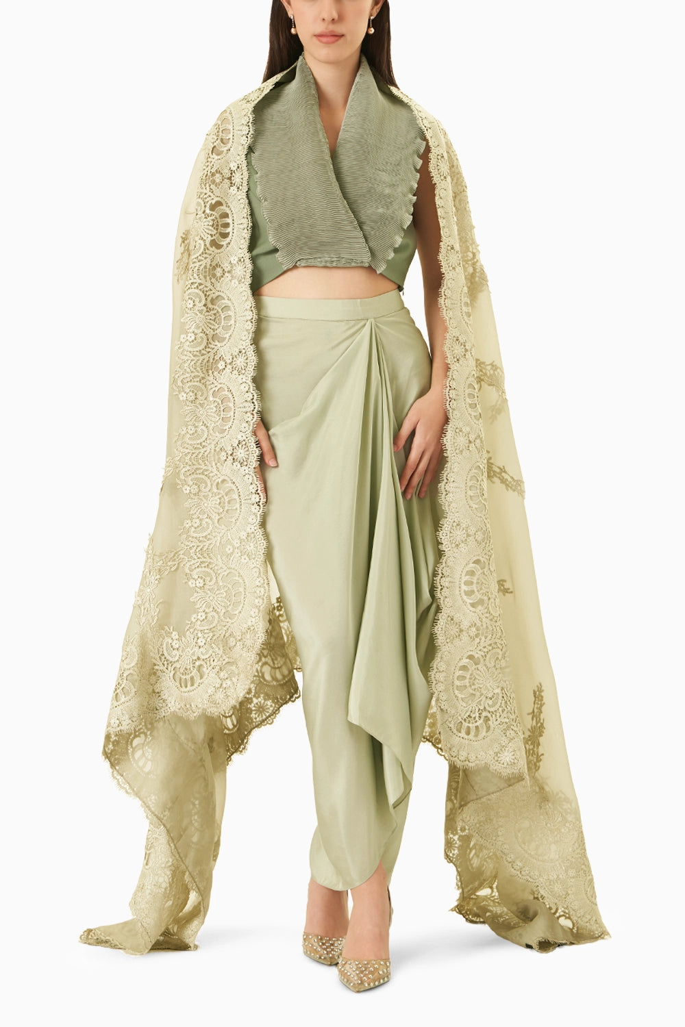 Green Signature Cape With Wrinkle Blouse & Draped Skirt