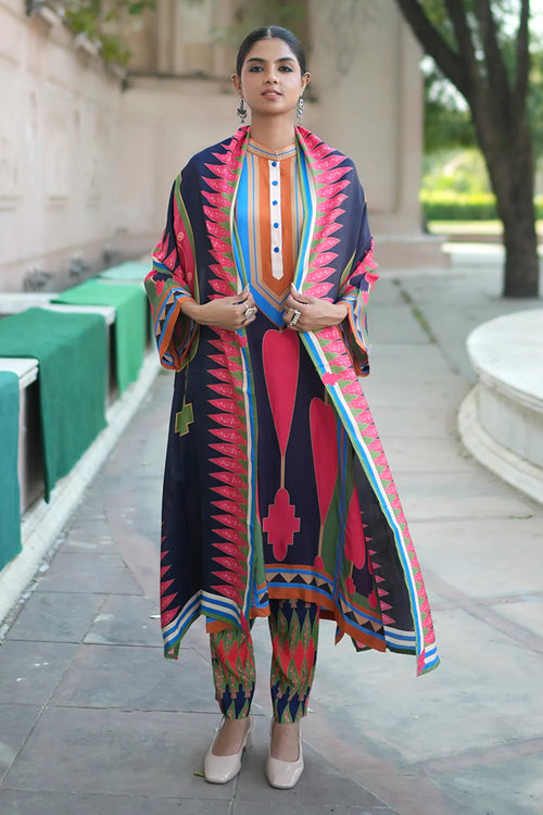 Navy Blue Pink Kilim Kurta Set