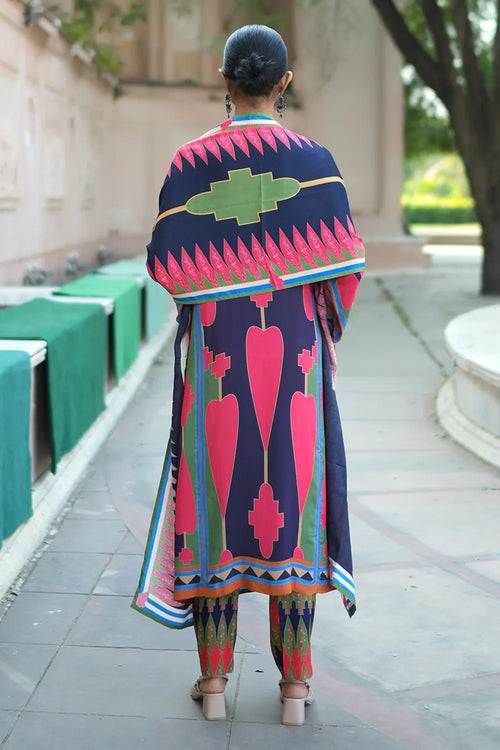 Navy Blue Pink Kilim Kurta Set