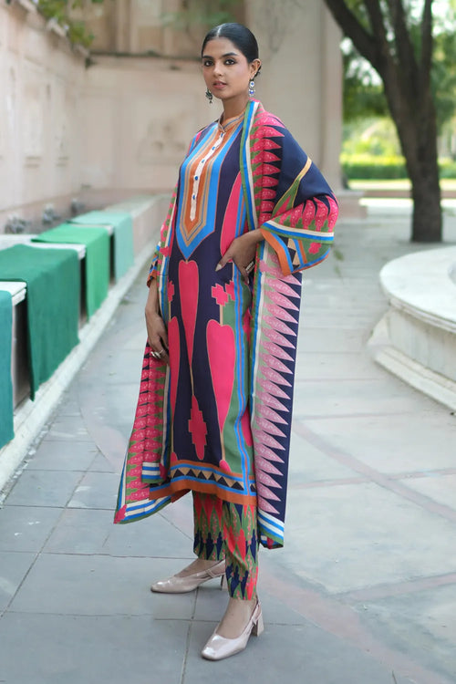 Navy Blue Pink Kilim Kurta Set