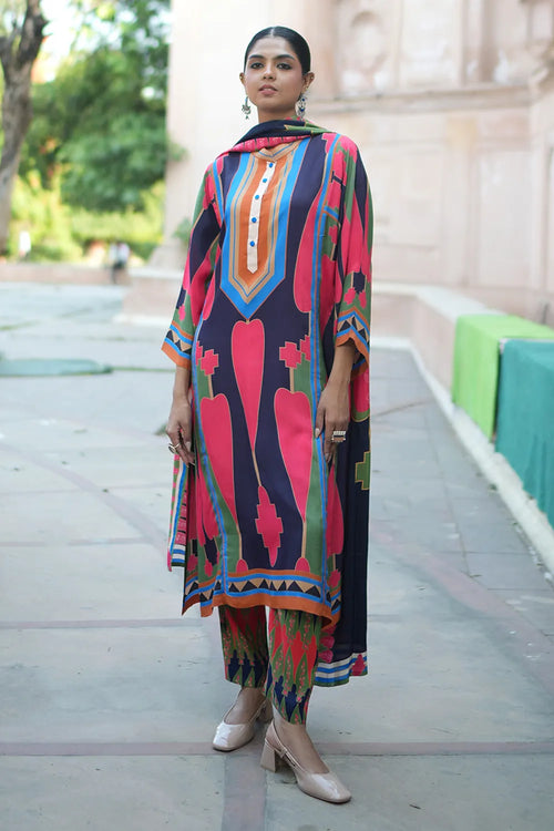 Navy Blue Pink Kilim Kurta Set