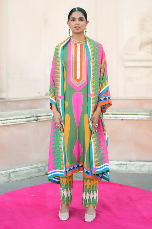 Green Pink Kilim Kurta Set