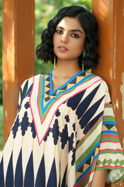 Ivory Navy Blue Kilim Mauj Kaftan