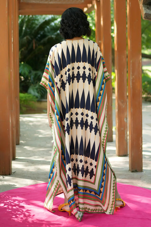 Ivory Navy Blue Kilim Mauj Kaftan