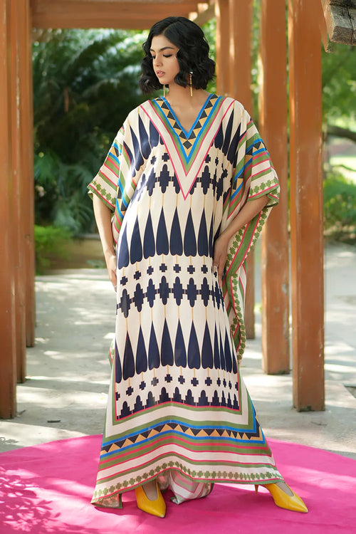 Ivory Navy Blue Kilim Mauj Kaftan