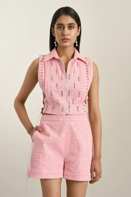 Peach Denim Collar Zip Embellished Bib Set