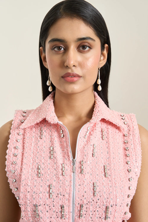 Peach Denim Collar Zip Embellished Bib Set