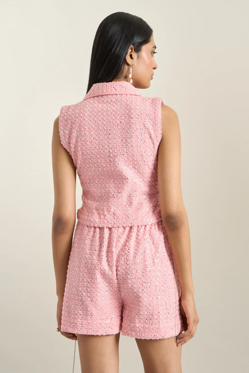 Peach Denim Collar Zip Embellished Bib Set