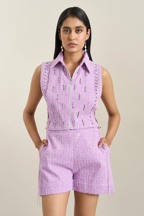 Purple  Denim Collar Zip Embellished Bib Set