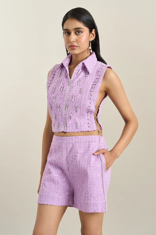 Purple  Denim Collar Zip Embellished Bib Set