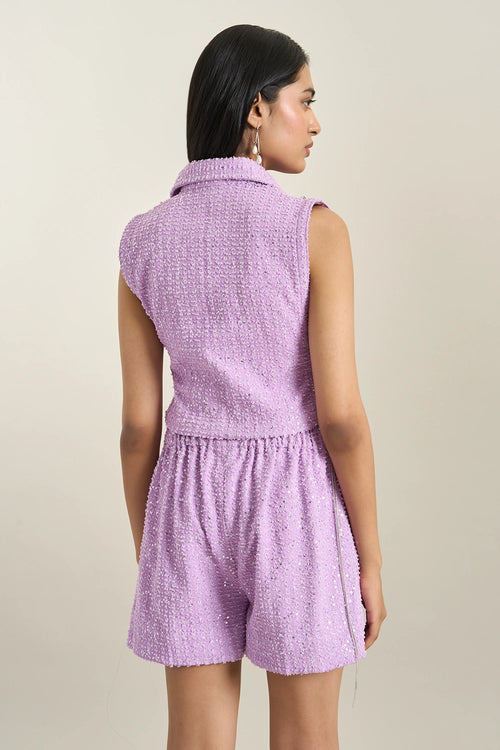 Purple  Denim Collar Zip Embellished Bib Set