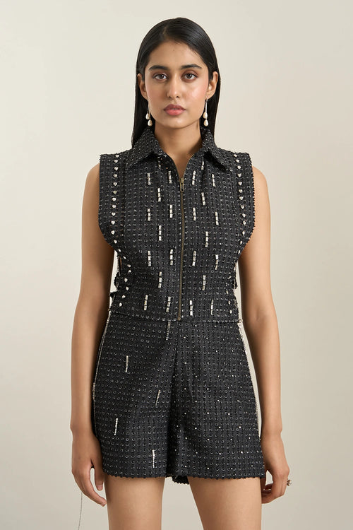 Black Denim Collar Zip Embellished Bib Set
