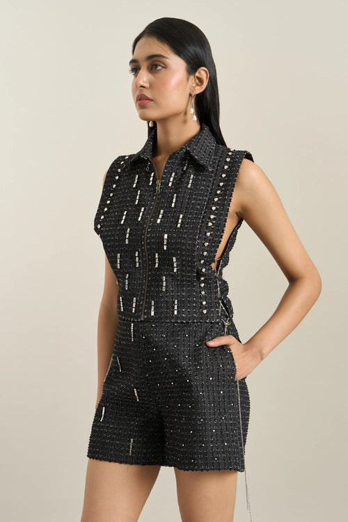 Black Denim Collar Zip Embellished Bib Set