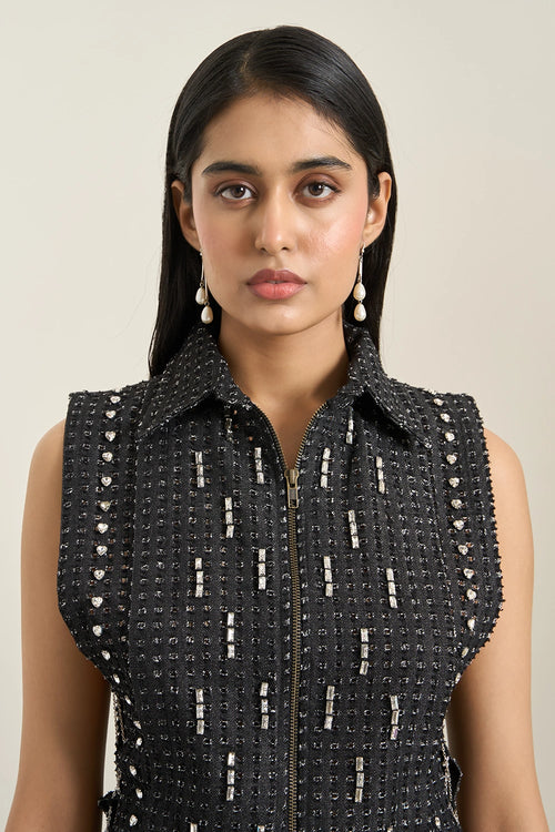 Black Denim Collar Zip Embellished Bib Set