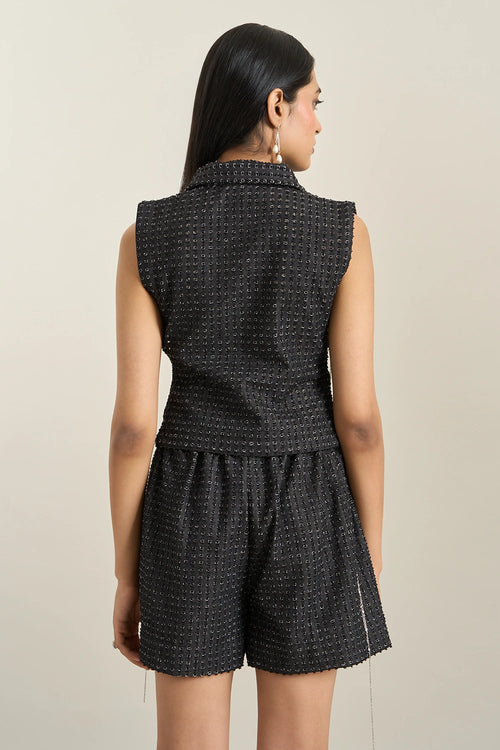 Black Denim Collar Zip Embellished Bib Set