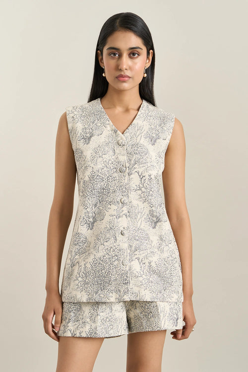 Grey Floral Jacquard Jacket Set
