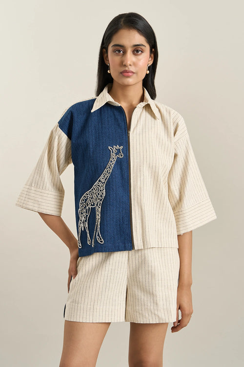 Beige Stripe Denim Herringbone Jacket