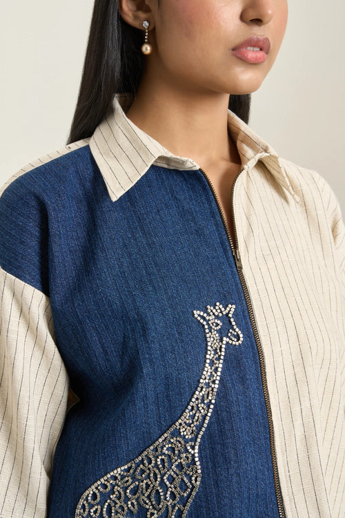 Beige Stripe Denim Herringbone Jacket
