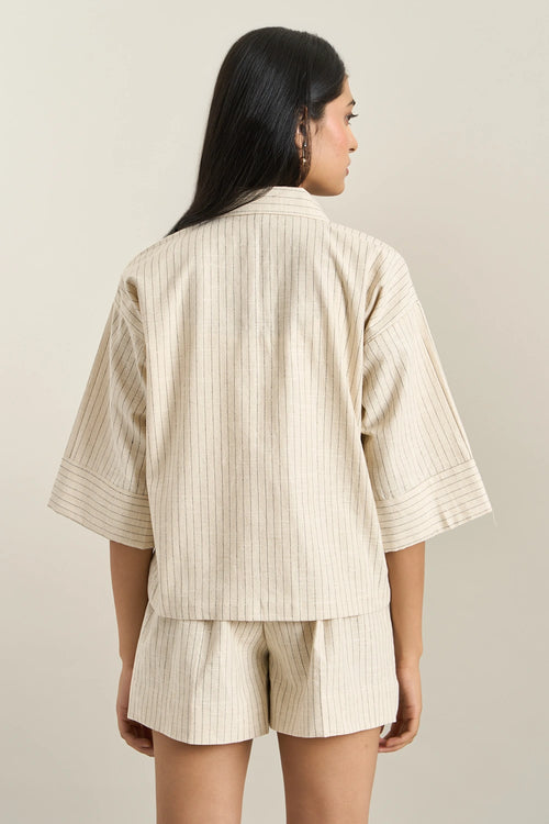 Beige Stripe Denim Herringbone Jacket
