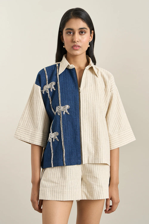 Beige Denim Herringbone Jacket Set