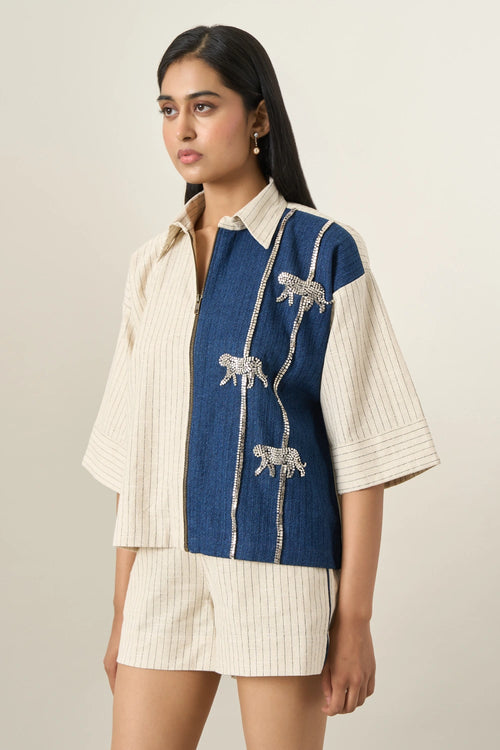 Beige Denim Herringbone Jacket Set