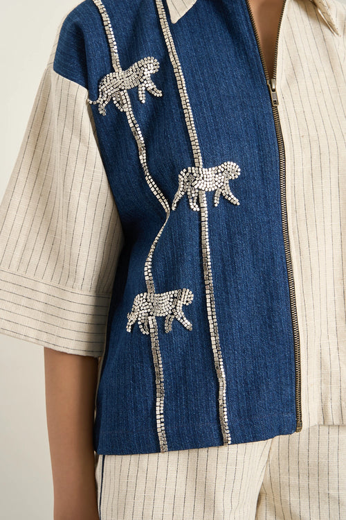 Beige Denim Herringbone Jacket Set