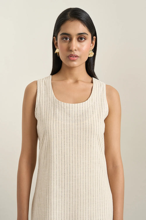 Beige Stripe Denim Gathered Dress