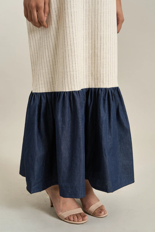 Beige Stripe Denim Gathered Dress