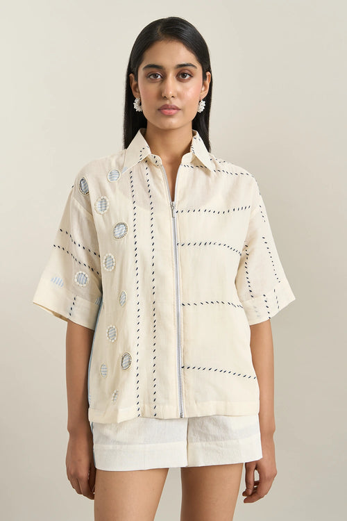 Off White Cotton Denim Panel Jacket Set