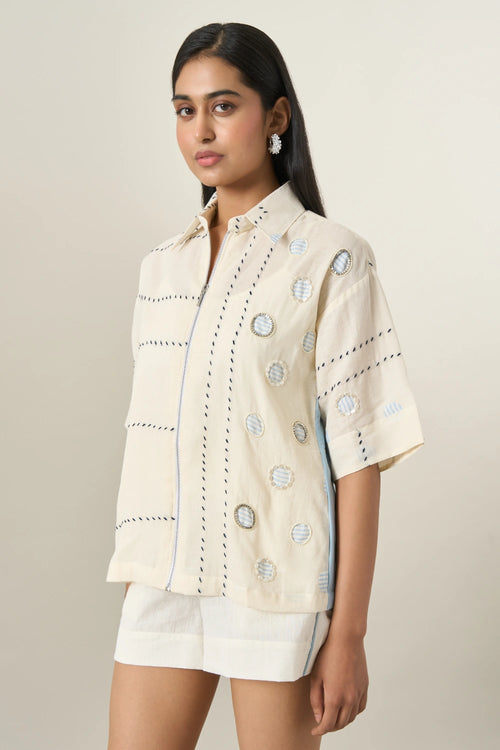 Off White Cotton Denim Panel Jacket Set