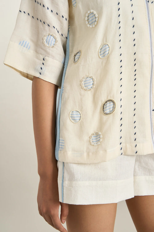 Off White Cotton Denim Panel Jacket Set
