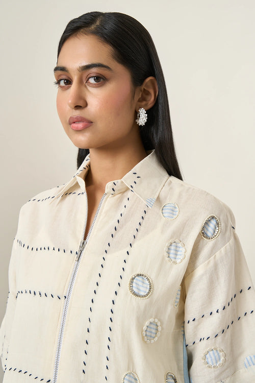 Off White Cotton Denim Panel Jacket Set