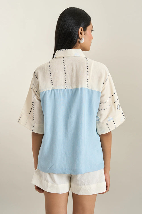Off White Cotton Denim Panel Jacket Set