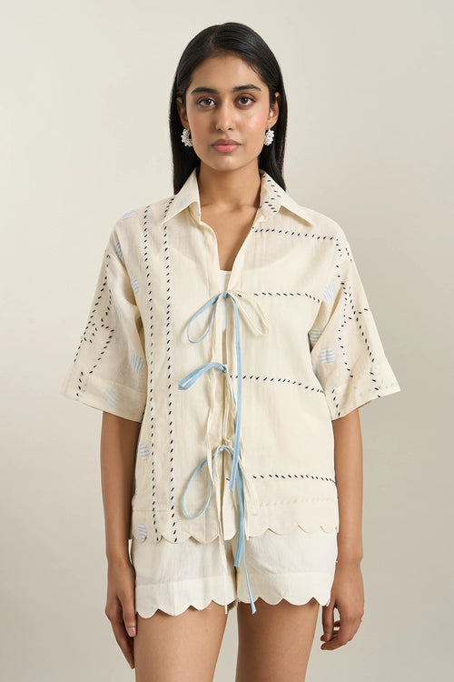 Off White Cotton Denim Panel Jacket And Shorts Set