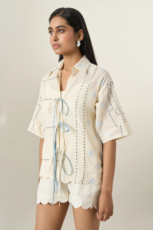 Off White Cotton Denim Panel Jacket And Shorts Set