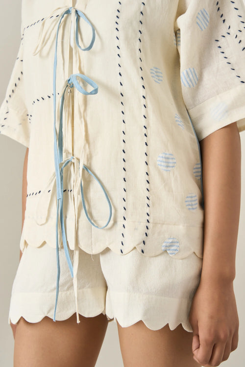 Off White Cotton Denim Panel Jacket And Shorts Set