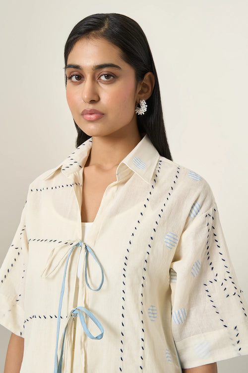 Off White Cotton Denim Panel Jacket And Shorts Set