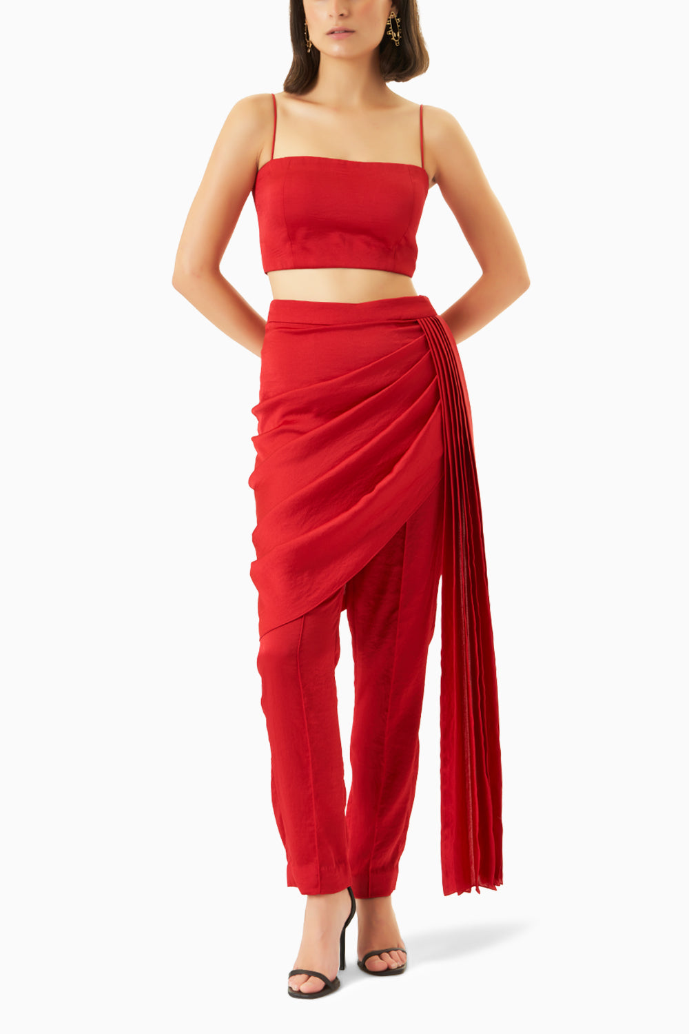 Red Cutwork Vest with Draped Pants and Bustier