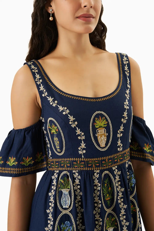 Sorella Navy Blue Embroidered Dress