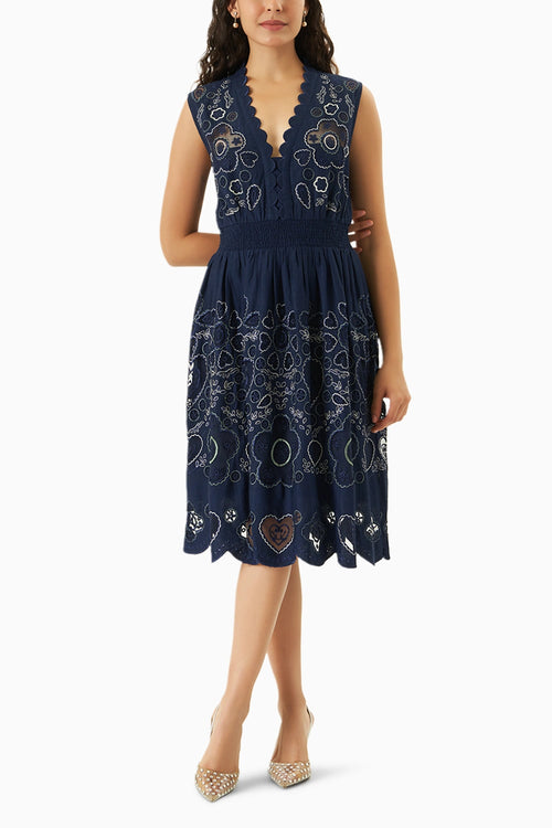 Stefania Blue Embroidered Dress